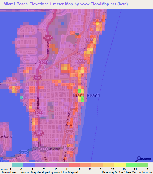 Miami Beach,US Elevation Map