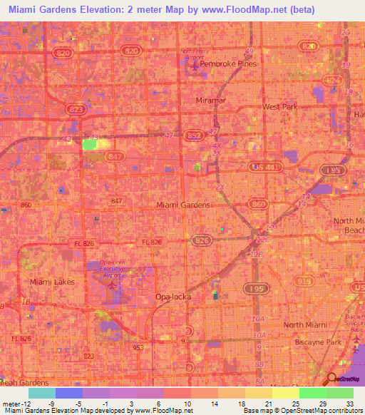 Miami Gardens,US Elevation Map