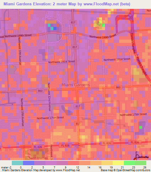 Miami Gardens,US Elevation Map