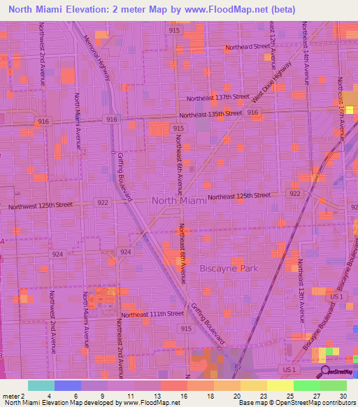 North Miami,US Elevation Map