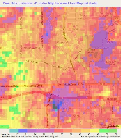 Pine Hills,US Elevation Map