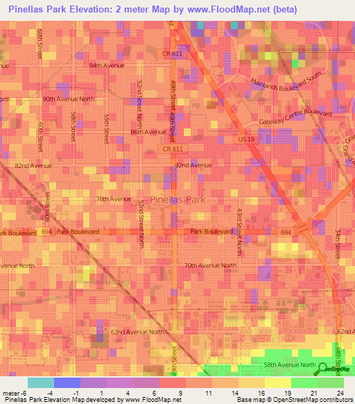 Pinellas Park,US Elevation Map