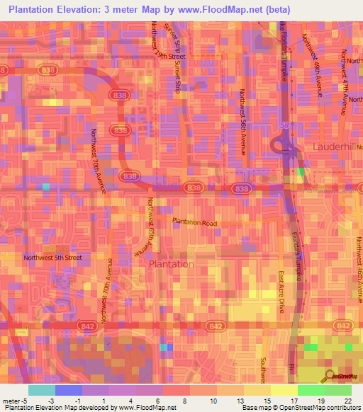 Plantation,US Elevation Map