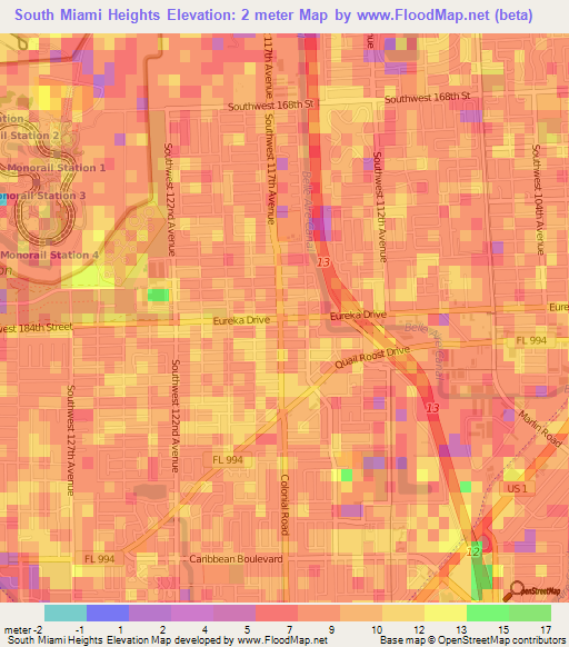 South Miami Heights,US Elevation Map