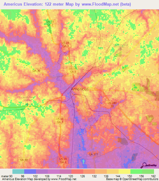 Americus,US Elevation Map