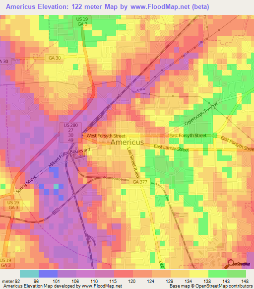 Americus,US Elevation Map