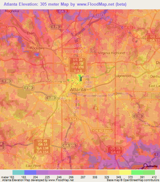 Atlanta,US Elevation Map