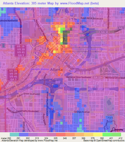 Atlanta,US Elevation Map