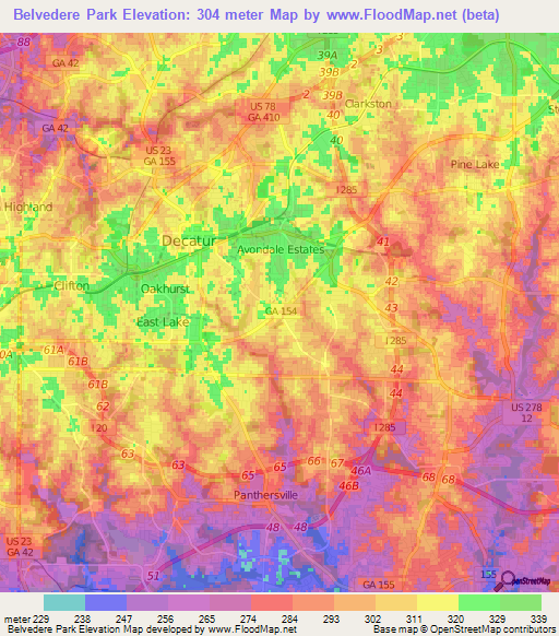 Belvedere Park,US Elevation Map