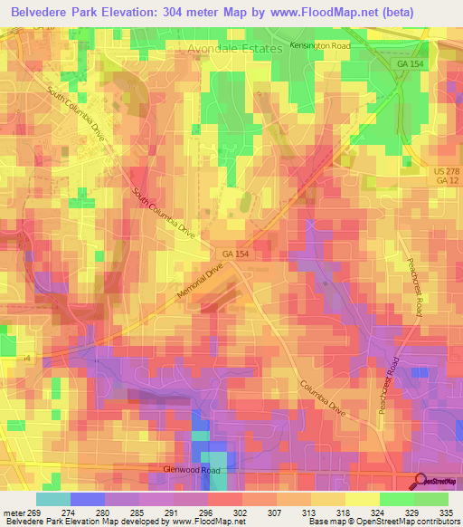 Belvedere Park,US Elevation Map