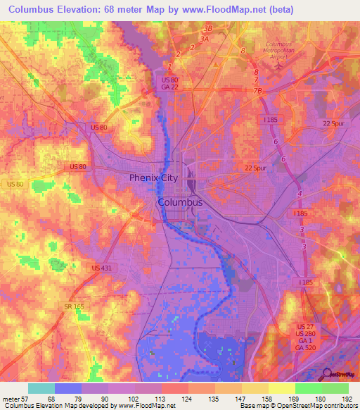 Columbus,US Elevation Map