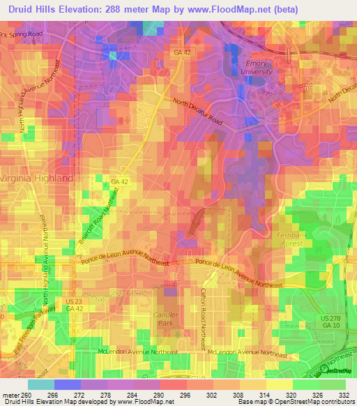 Druid Hills,US Elevation Map