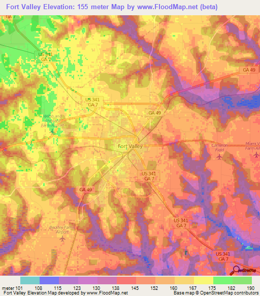 Fort Valley,US Elevation Map