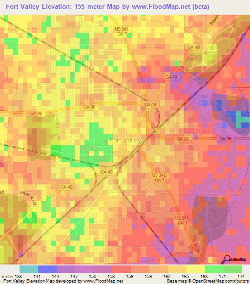 Fort Valley,US Elevation Map