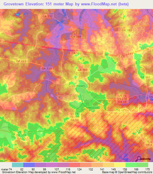 Grovetown,US Elevation Map