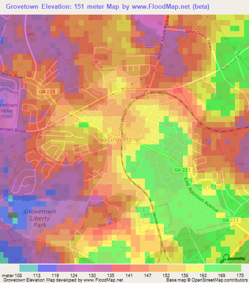 Grovetown,US Elevation Map