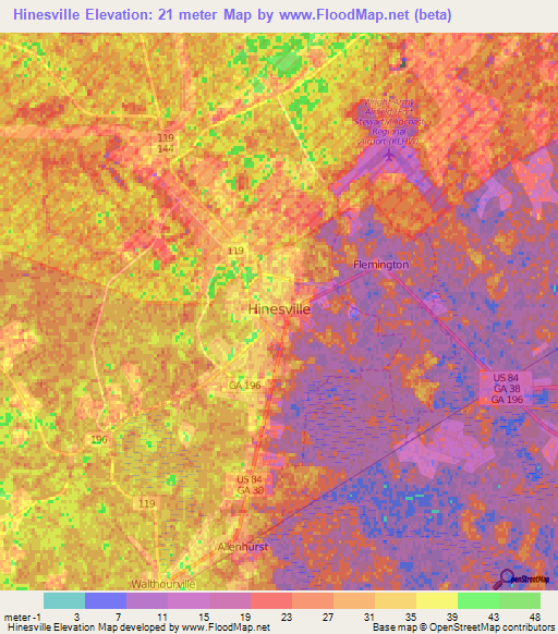 Hinesville,US Elevation Map