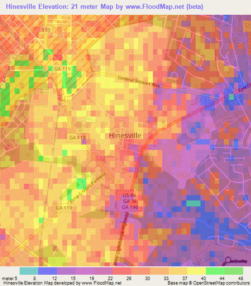 Hinesville,US Elevation Map