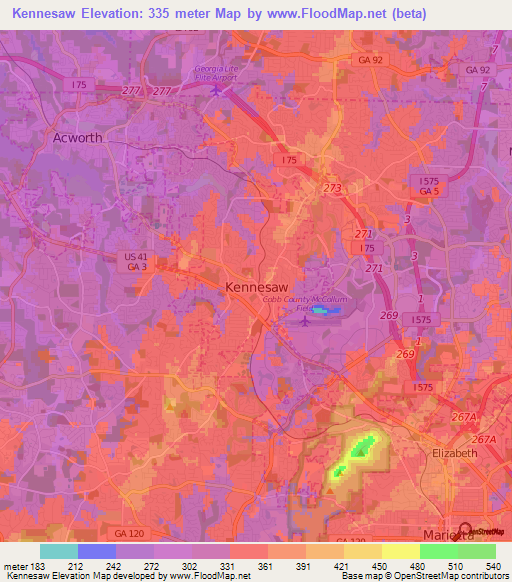 Kennesaw,US Elevation Map