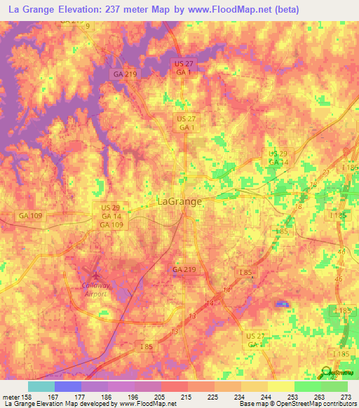 La Grange,US Elevation Map