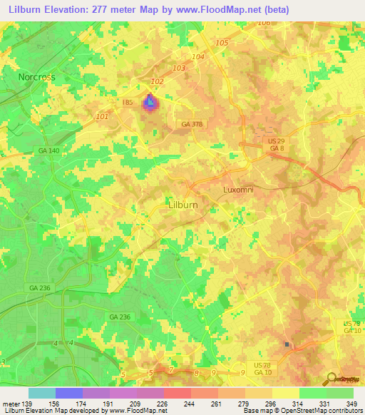 Lilburn,US Elevation Map