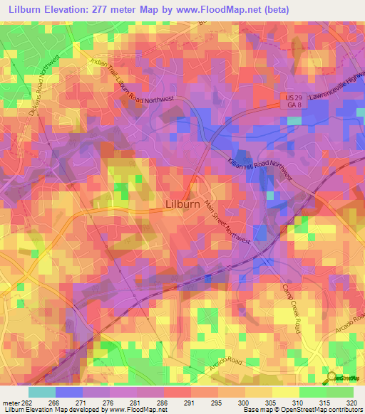 Lilburn,US Elevation Map