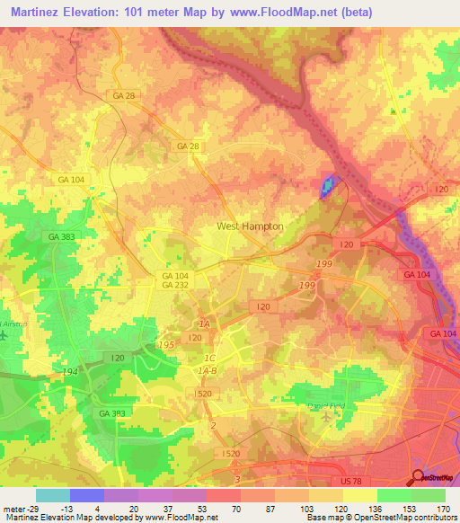 Martinez,US Elevation Map