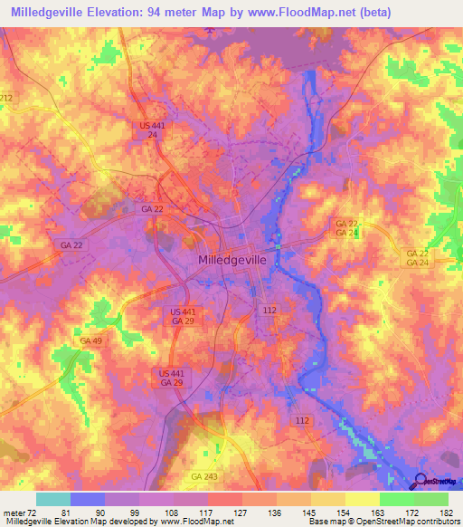 Milledgeville,US Elevation Map