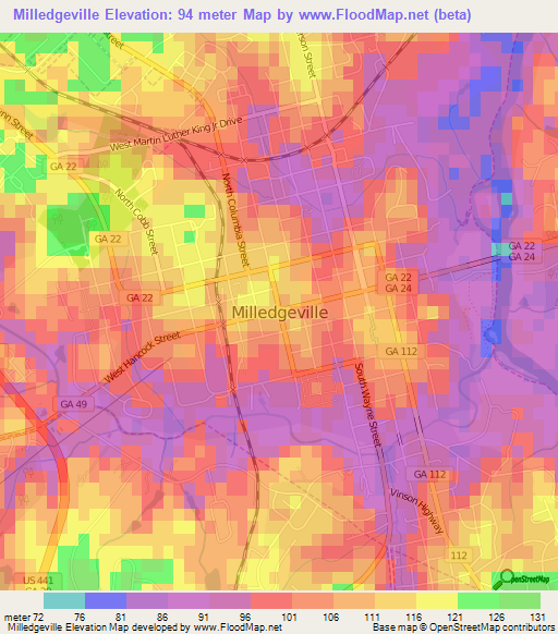 Milledgeville,US Elevation Map