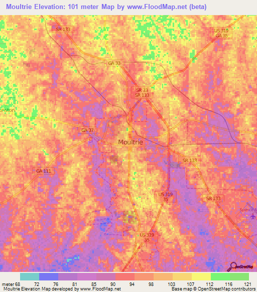 Moultrie,US Elevation Map