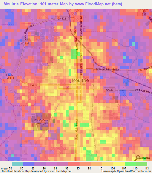 Moultrie,US Elevation Map