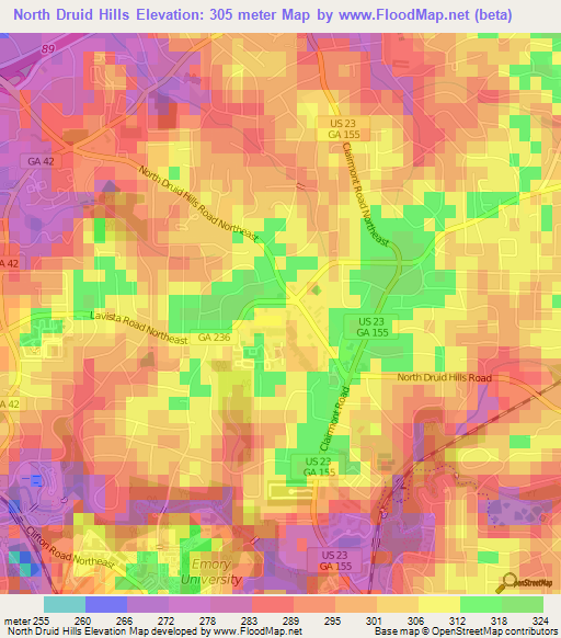 North Druid Hills,US Elevation Map