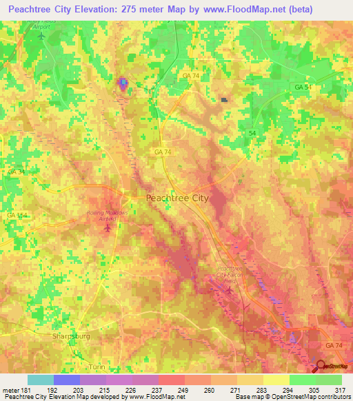 Peachtree City,US Elevation Map