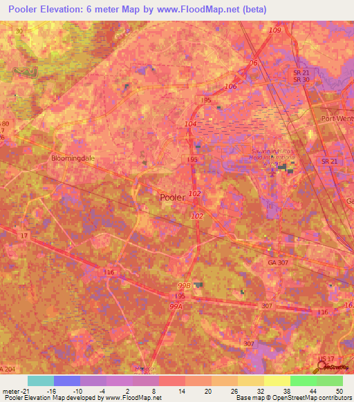 Pooler,US Elevation Map