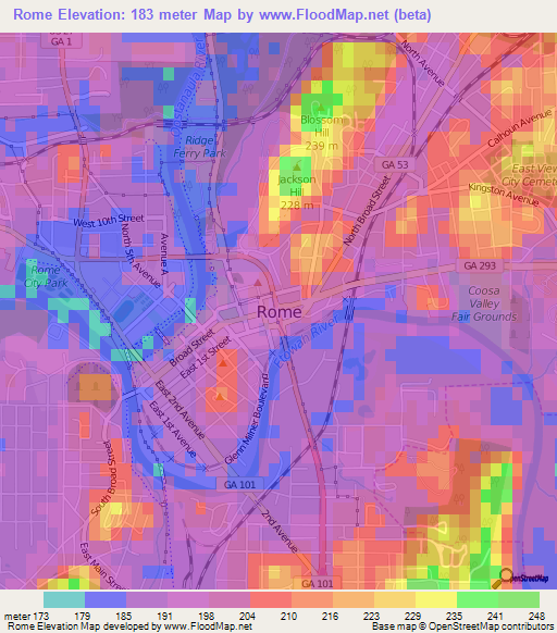 Rome,US Elevation Map