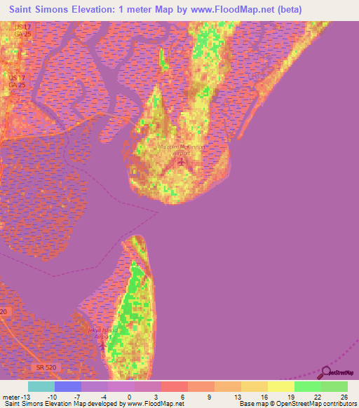 Saint Simons,US Elevation Map