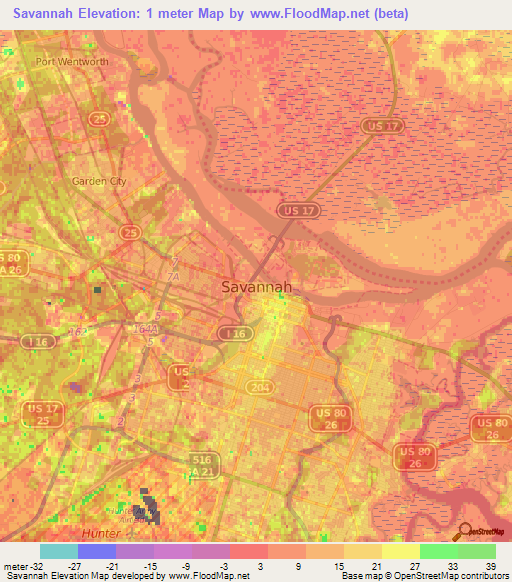 Savannah,US Elevation Map