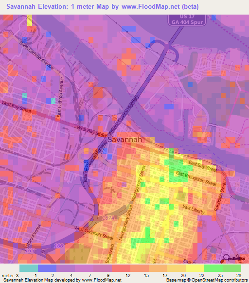 Savannah,US Elevation Map