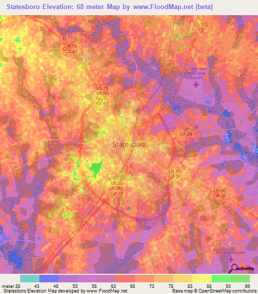 Statesboro,US Elevation Map