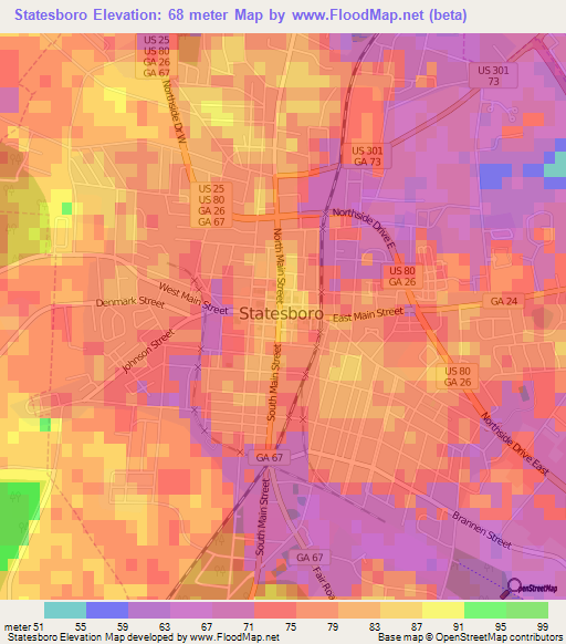 Statesboro,US Elevation Map