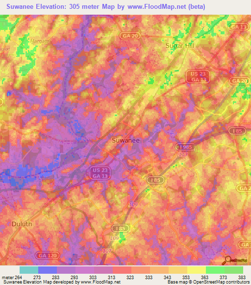 Suwanee,US Elevation Map