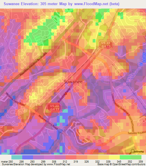 Suwanee,US Elevation Map