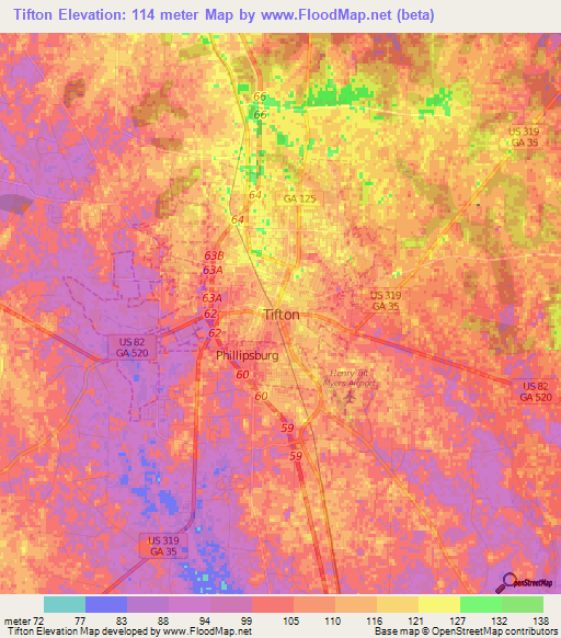 Tifton,US Elevation Map