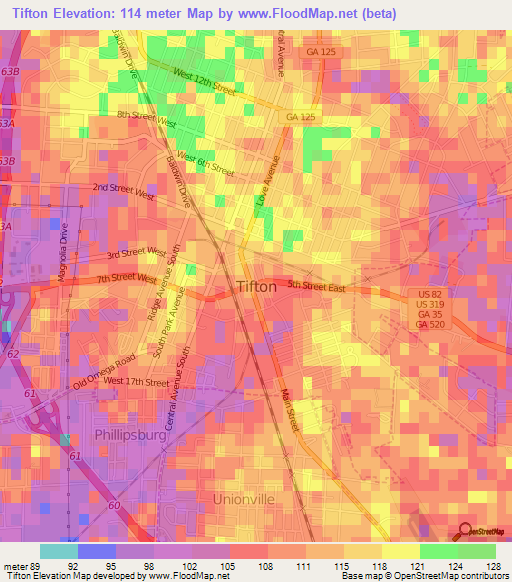 Tifton,US Elevation Map