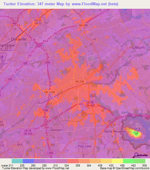 Tucker,US Elevation Map