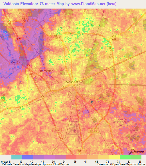 Valdosta,US Elevation Map