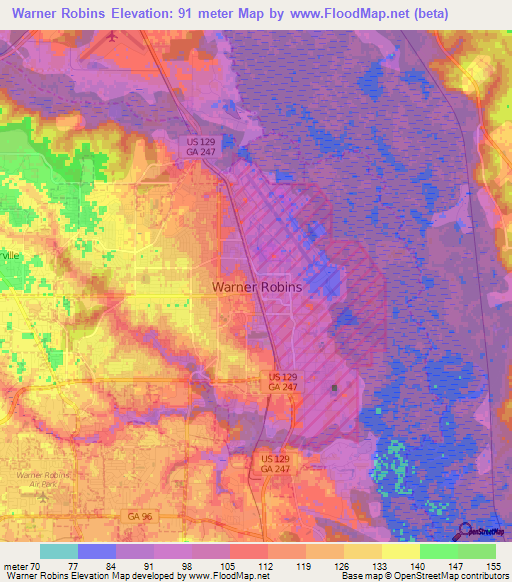 Warner Robins,US Elevation Map