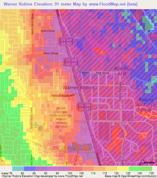 Warner Robins,US Elevation Map