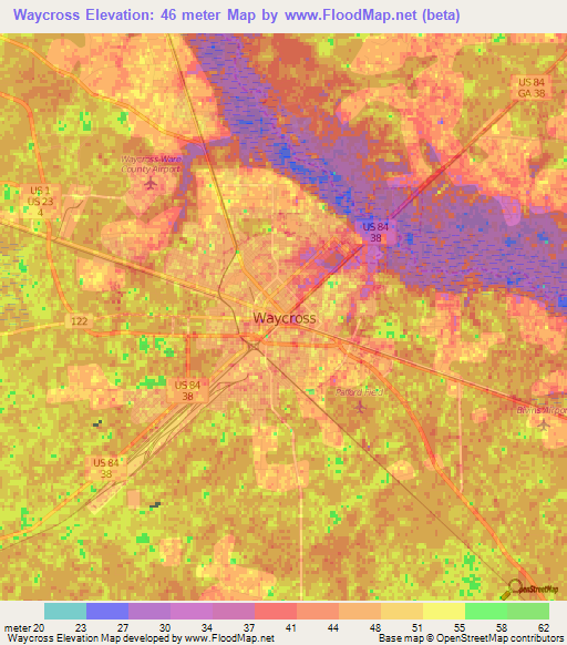 Waycross,US Elevation Map