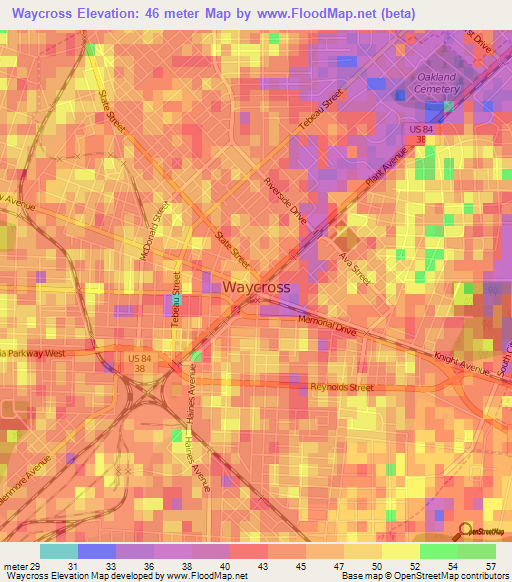 Waycross,US Elevation Map